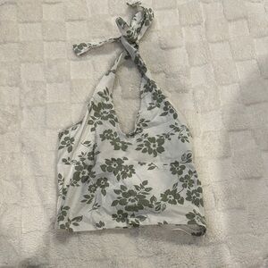 Hollister Floral Halter Crop Top - Olive and White